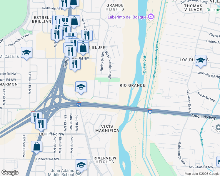 map of restaurants, bars, coffee shops, grocery stores, and more near 2305 Mosher Court in Albuquerque