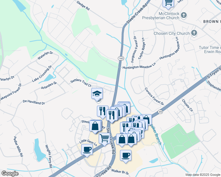map of restaurants, bars, coffee shops, grocery stores, and more near 13307 Settlers Trail Court in Charlotte