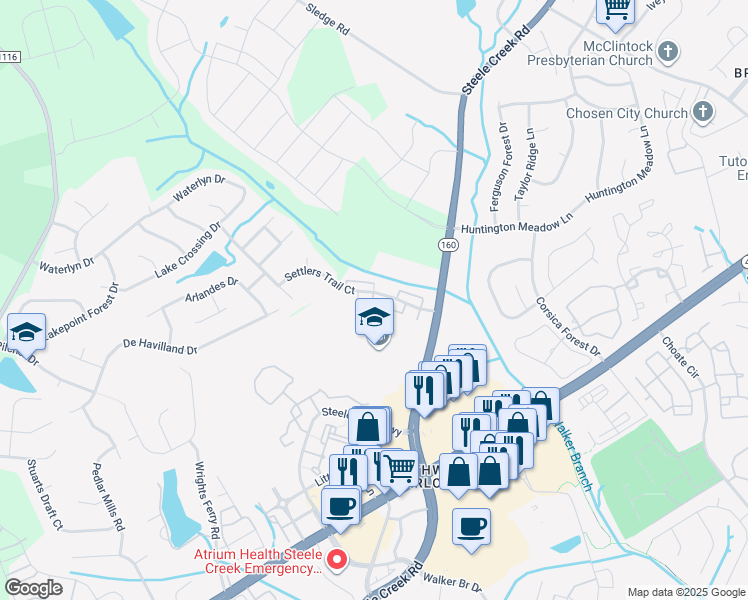 map of restaurants, bars, coffee shops, grocery stores, and more near 13608 Steele Creek Road in Charlotte