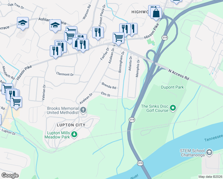 map of restaurants, bars, coffee shops, grocery stores, and more near 1450 Brenda Road in Chattanooga