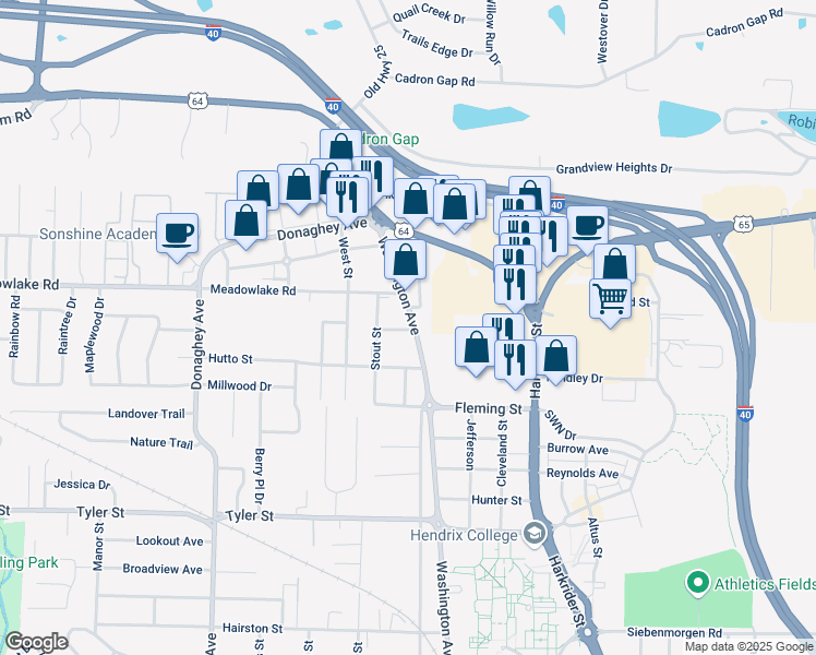 map of restaurants, bars, coffee shops, grocery stores, and more near 2220 Washington Avenue in Conway