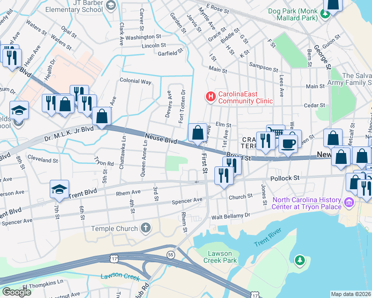 map of restaurants, bars, coffee shops, grocery stores, and more near 1405 Neuse Boulevard in New Bern