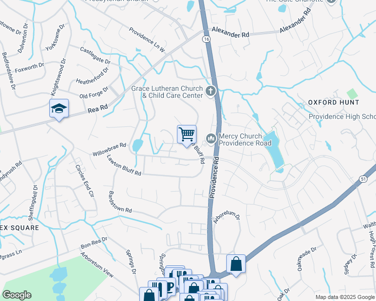 map of restaurants, bars, coffee shops, grocery stores, and more near 7400 Candlewyck Lane in Charlotte