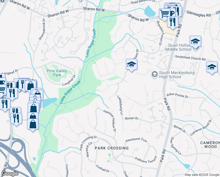 map of restaurants, bars, coffee shops, grocery stores, and more near 2400 Turnberry Lane in Charlotte