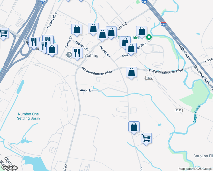 map of restaurants, bars, coffee shops, grocery stores, and more near 401 Amon Lane in Pineville