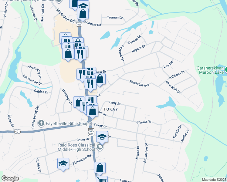 map of restaurants, bars, coffee shops, grocery stores, and more near 215 Eunice Drive in Fayetteville