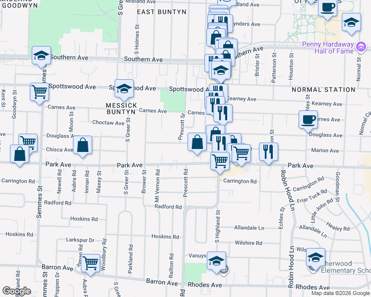 map of restaurants, bars, coffee shops, grocery stores, and more near 3407 Douglass Avenue in Memphis