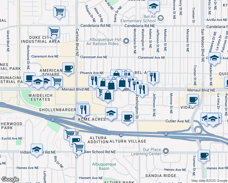 map of restaurants, bars, coffee shops, grocery stores, and more near 4004 Menaul Boulevard Northeast in Albuquerque