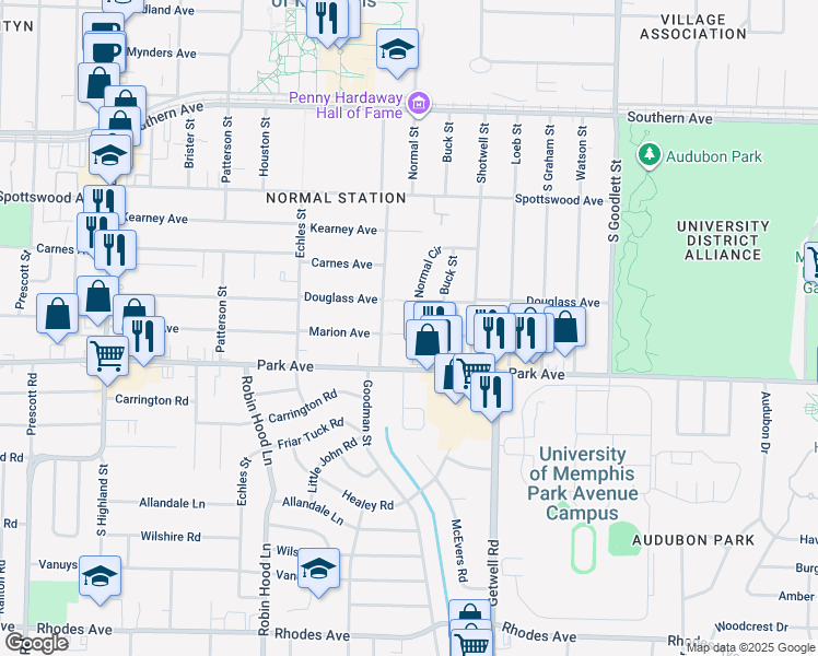 map of restaurants, bars, coffee shops, grocery stores, and more near 3854 Marion Avenue in Memphis