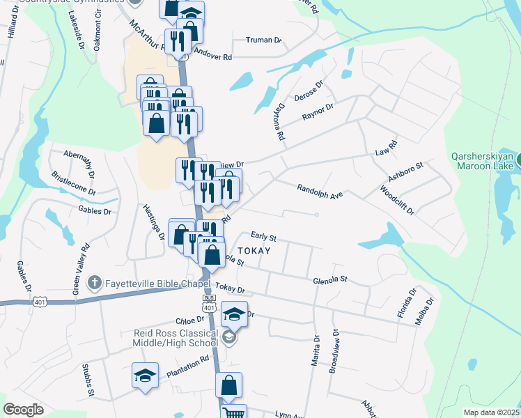 map of restaurants, bars, coffee shops, grocery stores, and more near 215 Eunice Drive in Fayetteville