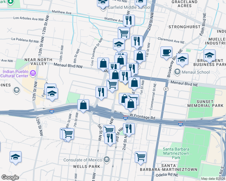 map of restaurants, bars, coffee shops, grocery stores, and more near 404 Prospect Avenue Northwest in Albuquerque