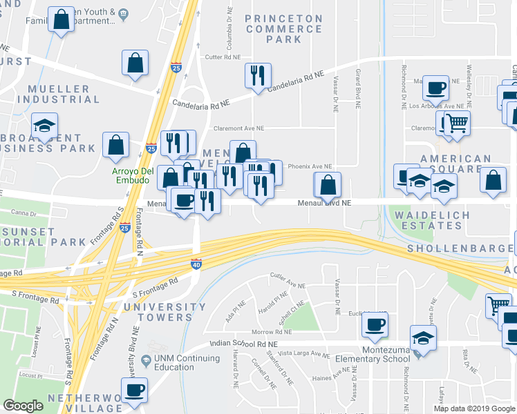 map of restaurants, bars, coffee shops, grocery stores, and more near 2200 Menaul Boulevard Northeast in Albuquerque