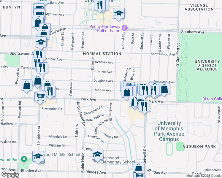 map of restaurants, bars, coffee shops, grocery stores, and more near 3804 Marion Avenue in Memphis