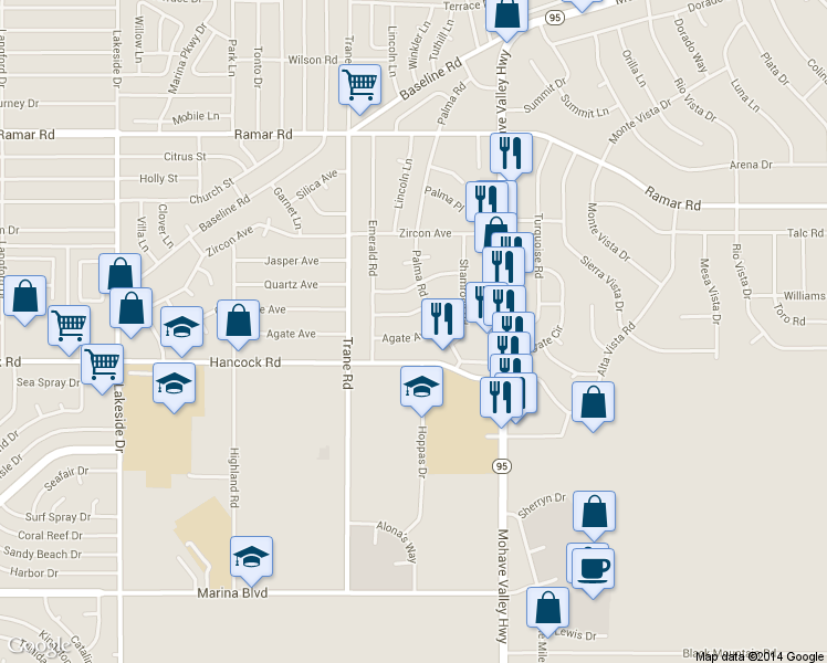 map of restaurants, bars, coffee shops, grocery stores, and more near 1335 Agate Avenue in Bullhead City