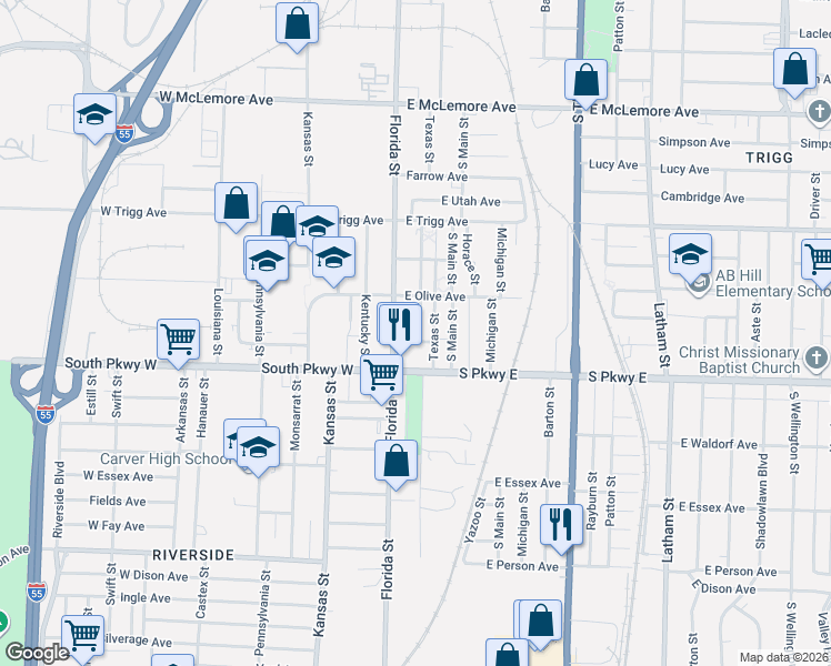 map of restaurants, bars, coffee shops, grocery stores, and more near 1409 Adelaide Street in Memphis