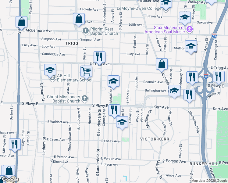 map of restaurants, bars, coffee shops, grocery stores, and more near 1400 McMillan Street in Memphis