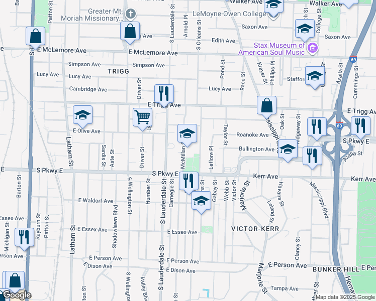 map of restaurants, bars, coffee shops, grocery stores, and more near 1400 McMillan Street in Memphis