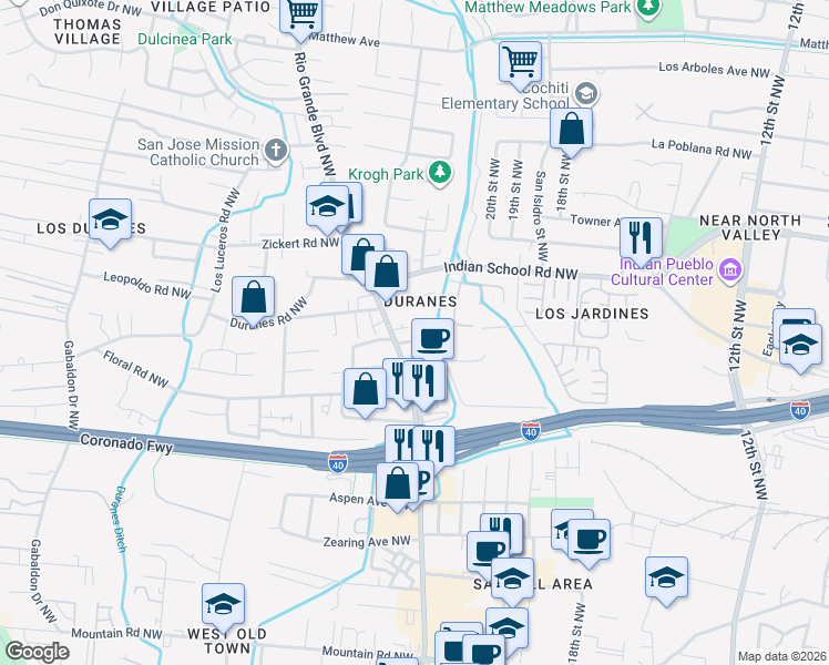 map of restaurants, bars, coffee shops, grocery stores, and more near 2305 San Francisco Road Northwest in Albuquerque