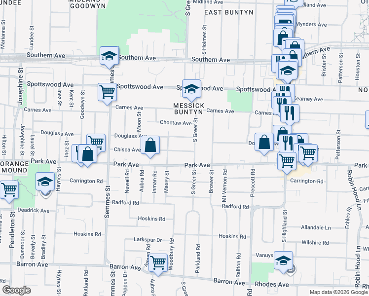 map of restaurants, bars, coffee shops, grocery stores, and more near 3230 Chisca Avenue in Memphis