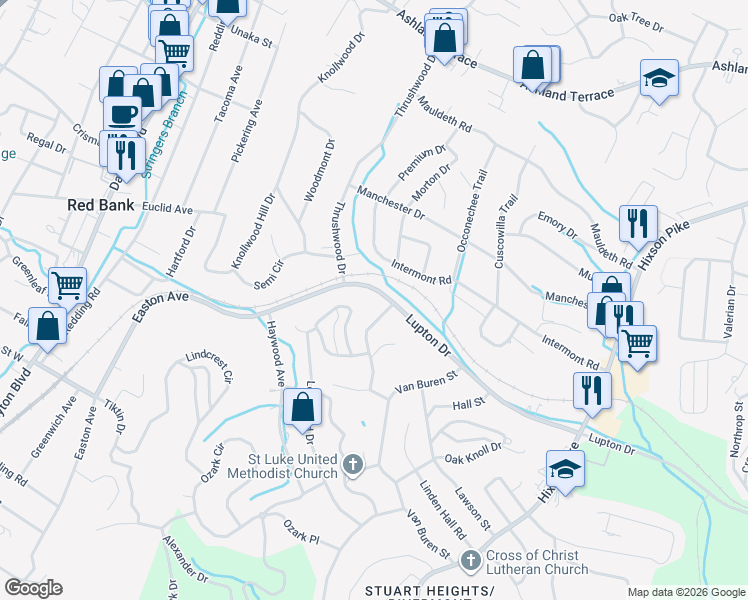 map of restaurants, bars, coffee shops, grocery stores, and more near 532 Lupton Drive in Chattanooga