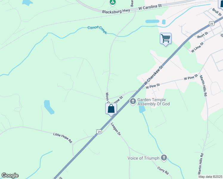 map of restaurants, bars, coffee shops, grocery stores, and more near 320 Moss Crossing in Blacksburg