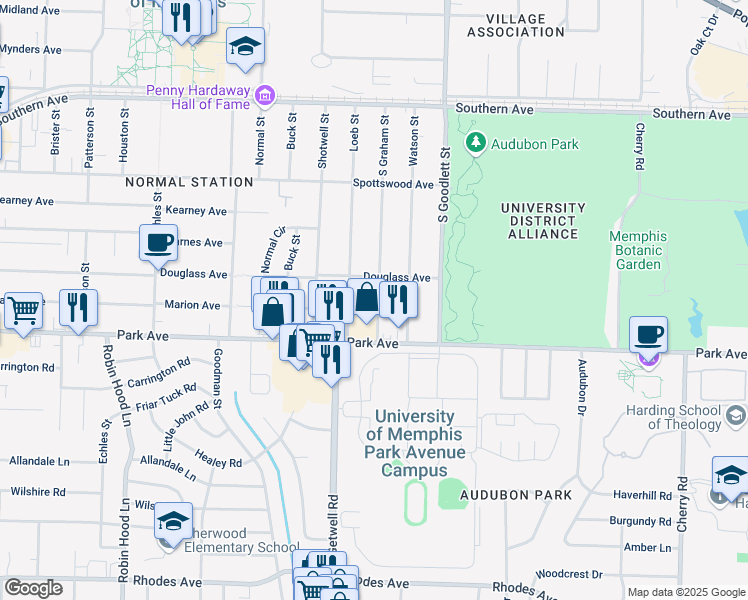 map of restaurants, bars, coffee shops, grocery stores, and more near 815 South Graham Street in Memphis