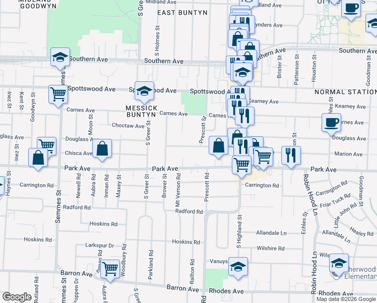 map of restaurants, bars, coffee shops, grocery stores, and more near 3357 Douglass Avenue in Memphis