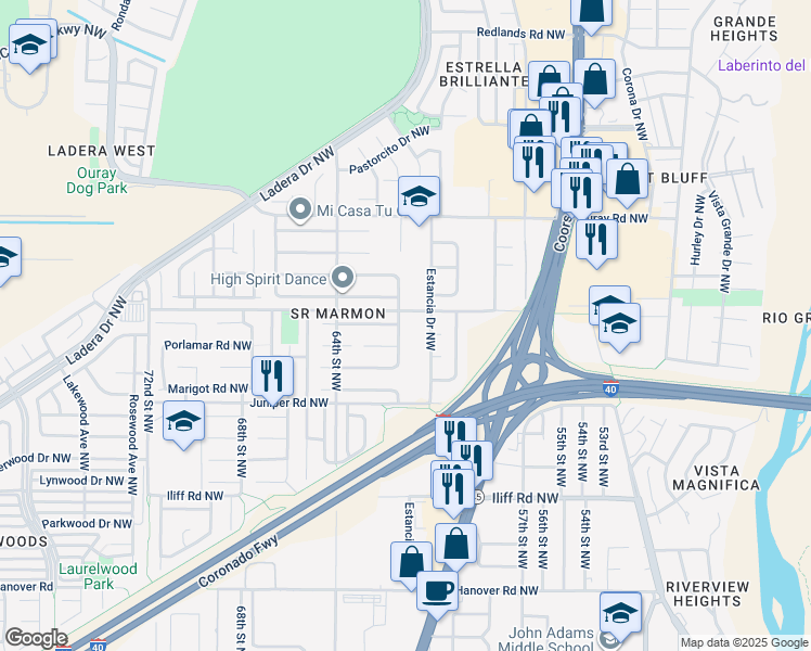map of restaurants, bars, coffee shops, grocery stores, and more near 2216 Summer Ray Drive Northwest in Albuquerque