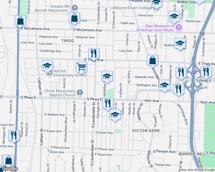 map of restaurants, bars, coffee shops, grocery stores, and more near 1400 McMillan Street in Memphis
