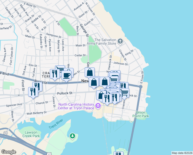 map of restaurants, bars, coffee shops, grocery stores, and more near 407 Metcalf Street in New Bern
