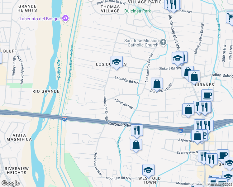 map of restaurants, bars, coffee shops, grocery stores, and more near 2933 Duranes Road Northwest in Albuquerque