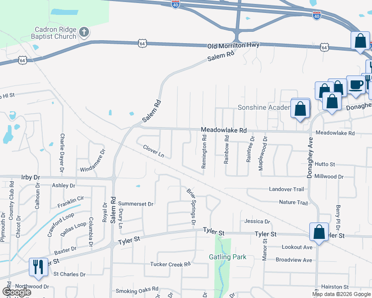 map of restaurants, bars, coffee shops, grocery stores, and more near 2230 Cedar Oaks Drive in Conway