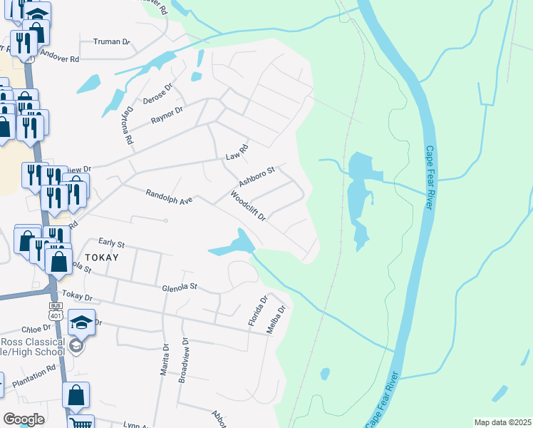 map of restaurants, bars, coffee shops, grocery stores, and more near 705 Buena Vista Drive in Fayetteville