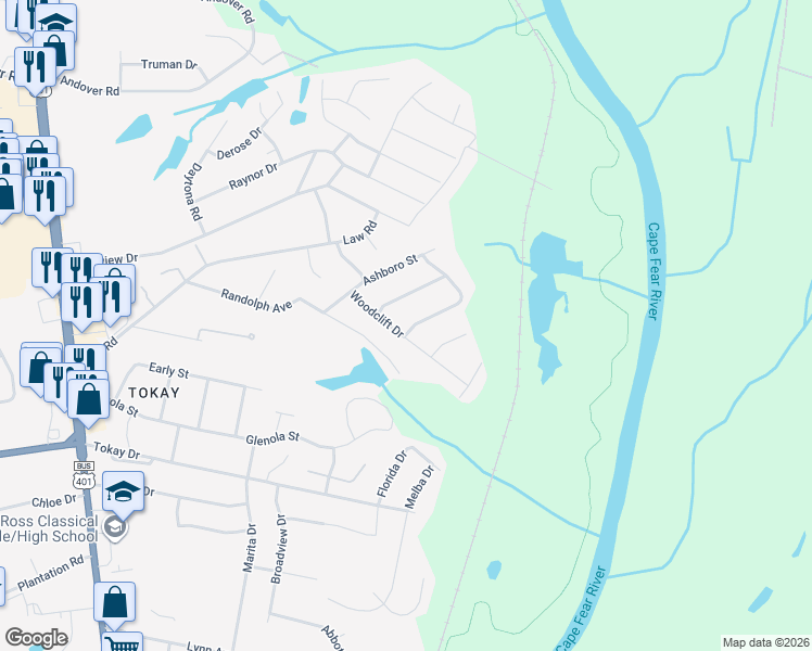 map of restaurants, bars, coffee shops, grocery stores, and more near 705 Buena Vista Drive in Fayetteville