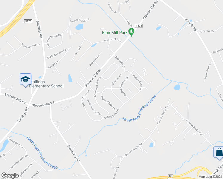 map of restaurants, bars, coffee shops, grocery stores, and more near 2032 Blue Iris Drive in Matthews