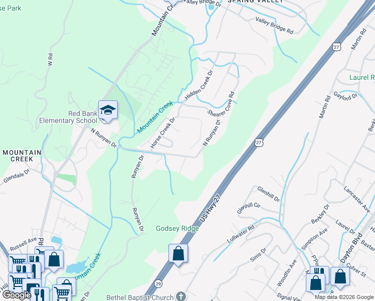 map of restaurants, bars, coffee shops, grocery stores, and more near 428 Stable View Circle in Chattanooga