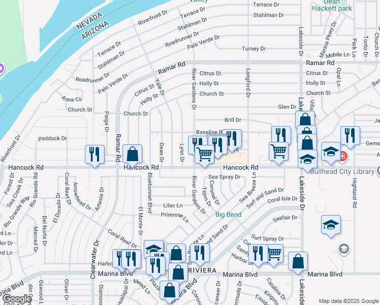 map of restaurants, bars, coffee shops, grocery stores, and more near 1715 River Gardens Drive in Bullhead City