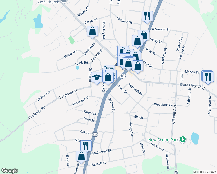 map of restaurants, bars, coffee shops, grocery stores, and more near 212 South Main Street in Clover