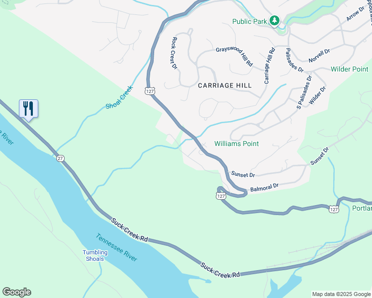 map of restaurants, bars, coffee shops, grocery stores, and more near 1477 Palisades Road in Signal Mountain