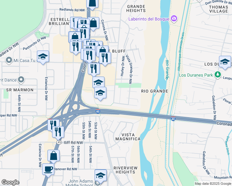 map of restaurants, bars, coffee shops, grocery stores, and more near 2304 Alamogordo Drive Northwest in Albuquerque