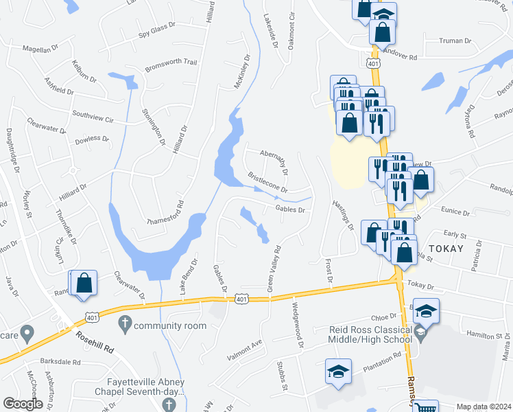 map of restaurants, bars, coffee shops, grocery stores, and more near 3538 Gables Drive in Fayetteville