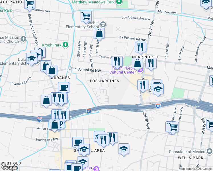 map of restaurants, bars, coffee shops, grocery stores, and more near 1500 Indian School Road Northwest in Albuquerque