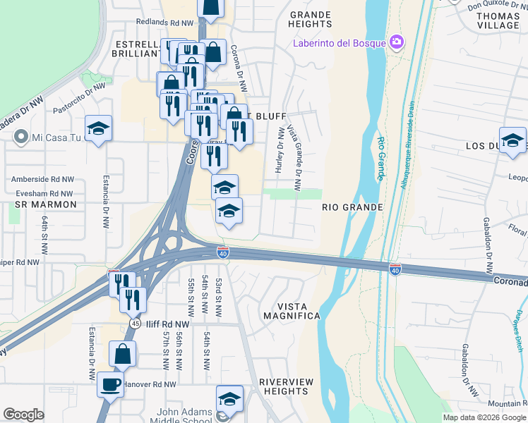 map of restaurants, bars, coffee shops, grocery stores, and more near 2304 Alamogordo Drive Northwest in Albuquerque