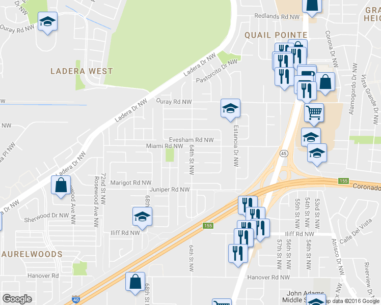 map of restaurants, bars, coffee shops, grocery stores, and more near 6404 Sunray Court Northwest in Albuquerque