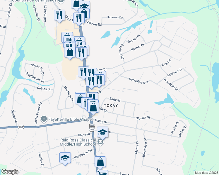 map of restaurants, bars, coffee shops, grocery stores, and more near 302 Law Road in Fayetteville