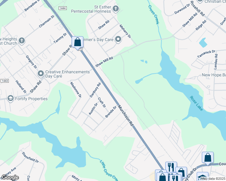 map of restaurants, bars, coffee shops, grocery stores, and more near 5106 Murchison Road in Fayetteville