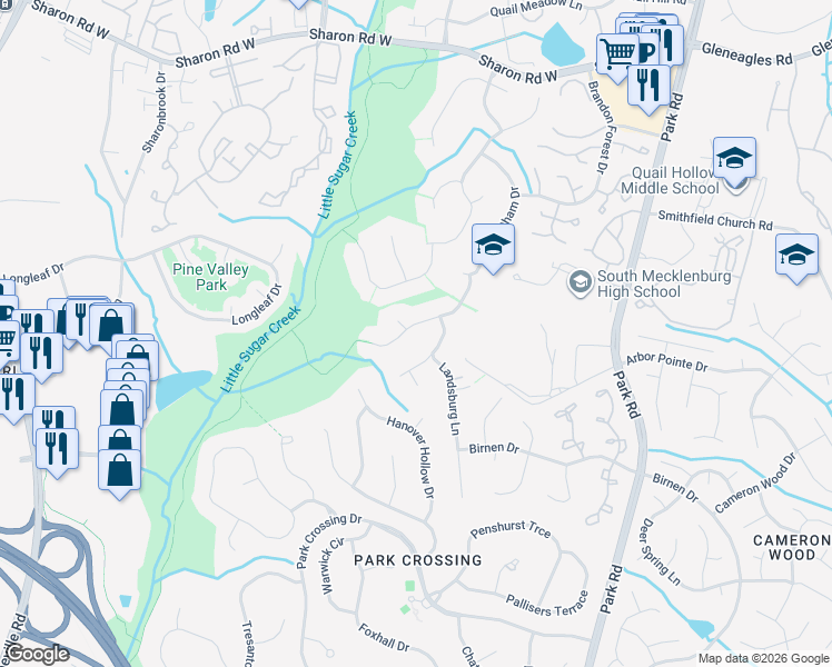 map of restaurants, bars, coffee shops, grocery stores, and more near 2400 Turnberry Lane in Charlotte