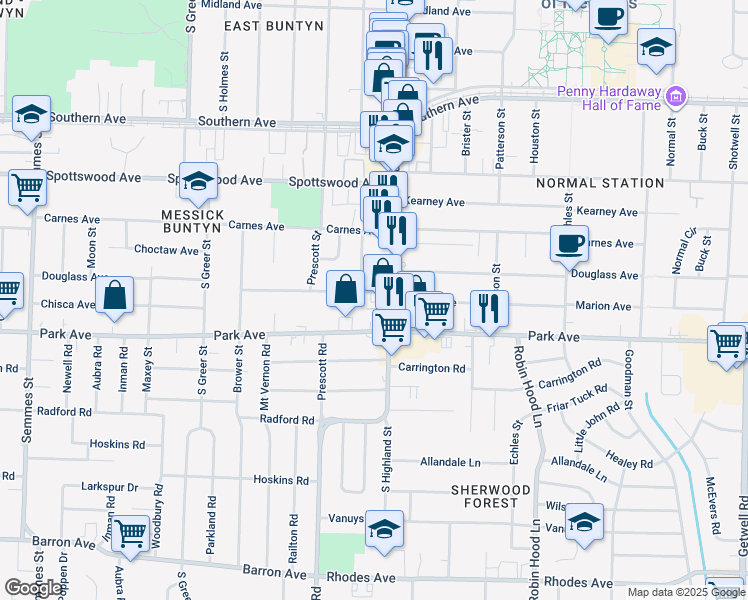 map of restaurants, bars, coffee shops, grocery stores, and more near 824 South Highland Street in Memphis