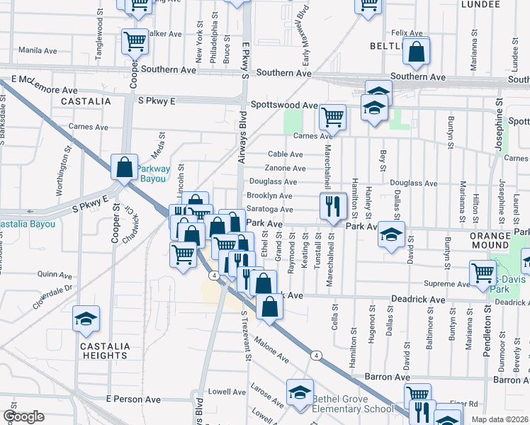 map of restaurants, bars, coffee shops, grocery stores, and more near 2357 Saratoga Avenue in Memphis
