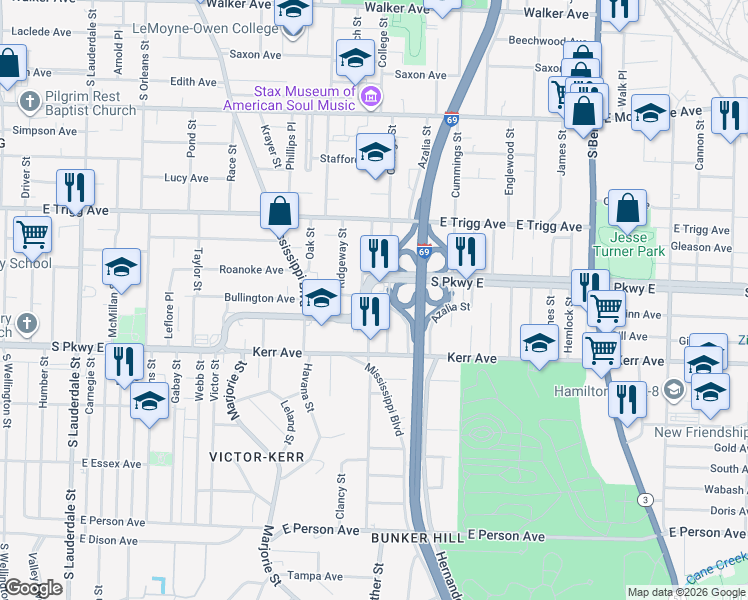 map of restaurants, bars, coffee shops, grocery stores, and more near 938 Bullington Avenue in Memphis